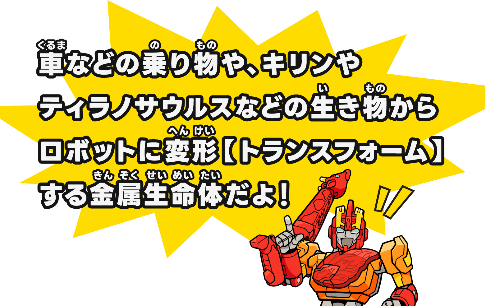 車などの乗り物や、キリンやティラノサウルスなどの生き物からロボットに変形【トランスフォーム】する金属生命体だよ！